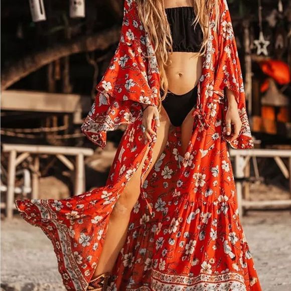 Vintage Floral Print Wrap Dress Kimono Robe Duster Cardigan - Picture 5 of 8